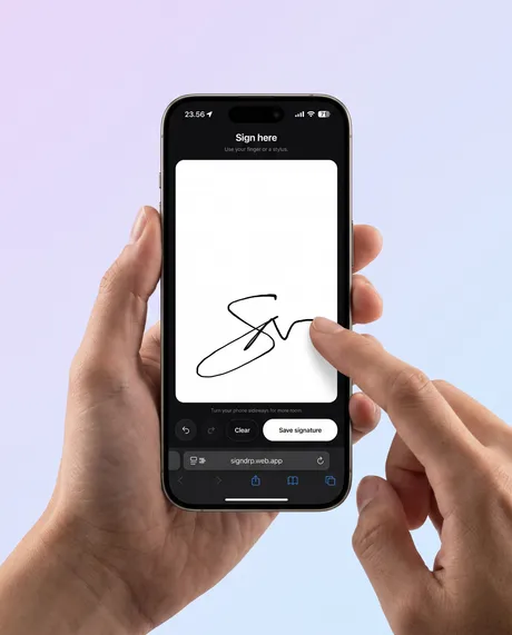 Drawing a signature with a finger on an iPhone using SignDrop's mobile signing page