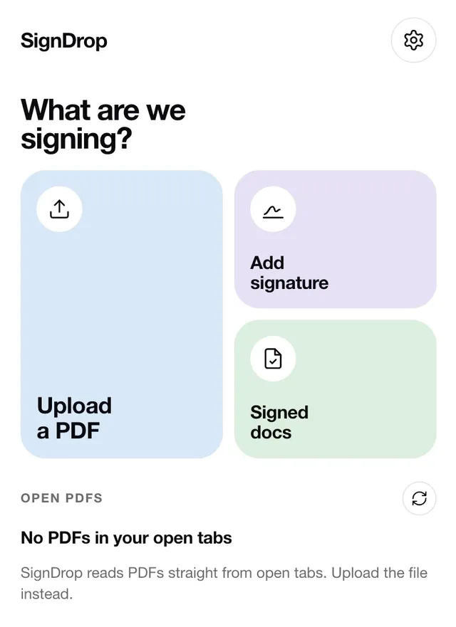 SignDrop Chrome extension popup with Upload a PDF, Add signature and Signed docs actions