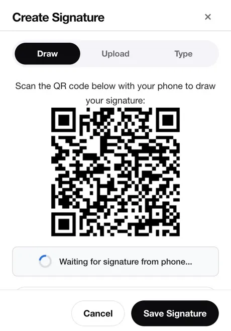 SignDrop Create Signature dialog in Chrome showing the QR code to scan